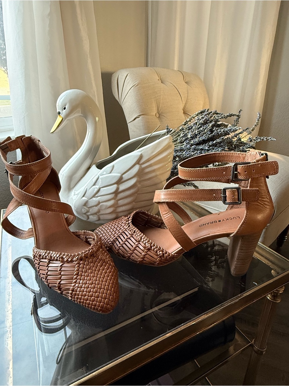 Lucky Brand Brown Woven Leather Ankle-Strap Heels